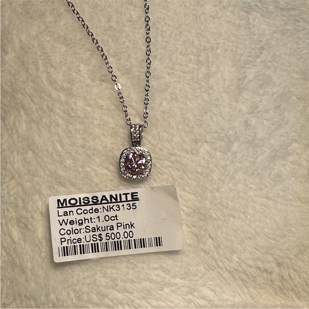 Moissanite Sakura Pink Halo Pendant Necklace - 1.0ct  18” Sterling Silver Chain